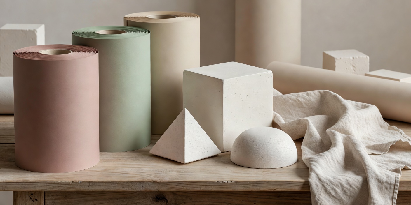 Soft-lit 3D render of three matte seamless paper rolls alongside plaster geometric blocks and folded unbleached linen on a styling table