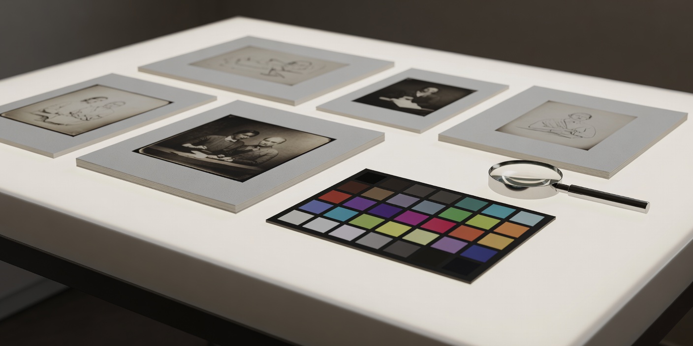 Soft-lit 3D render of archival portfolio prints arranged on a paper lightbench next to a 24-patch colour calibration target and loupe
