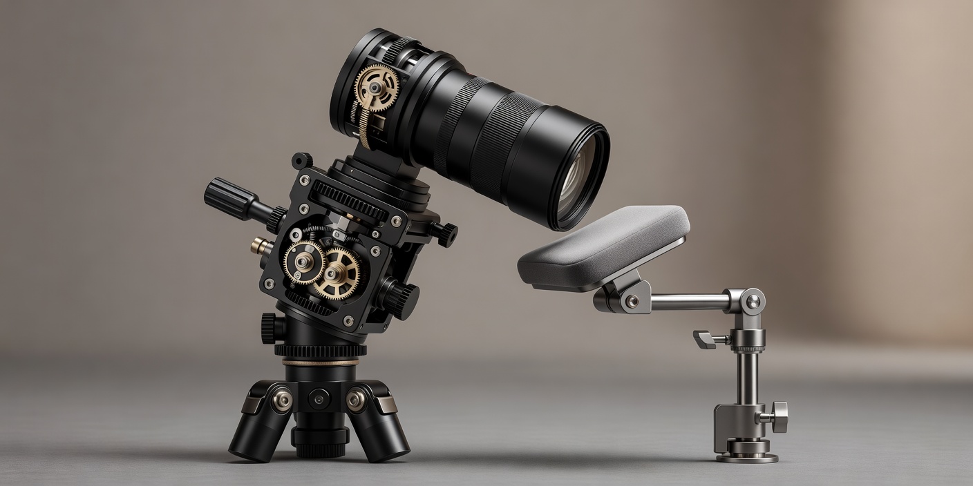Soft-lit 3D render of a geared tripod head with a 100mm macro lens aimed at an adjustable studio posing table rest
