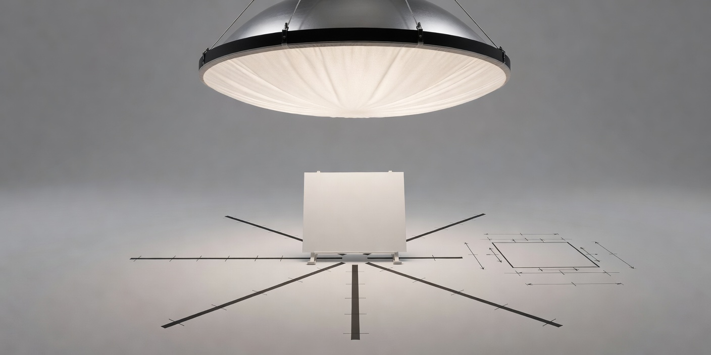 Soft-lit 3D render showing overhead beauty dish with sock diffuser, lower white bounce board, and marked floor tape distances