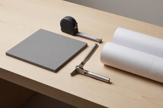 Soft-lit 3D render of studio workbench tools including an 18% grey target, tape measure, angle finder, and paper rolls